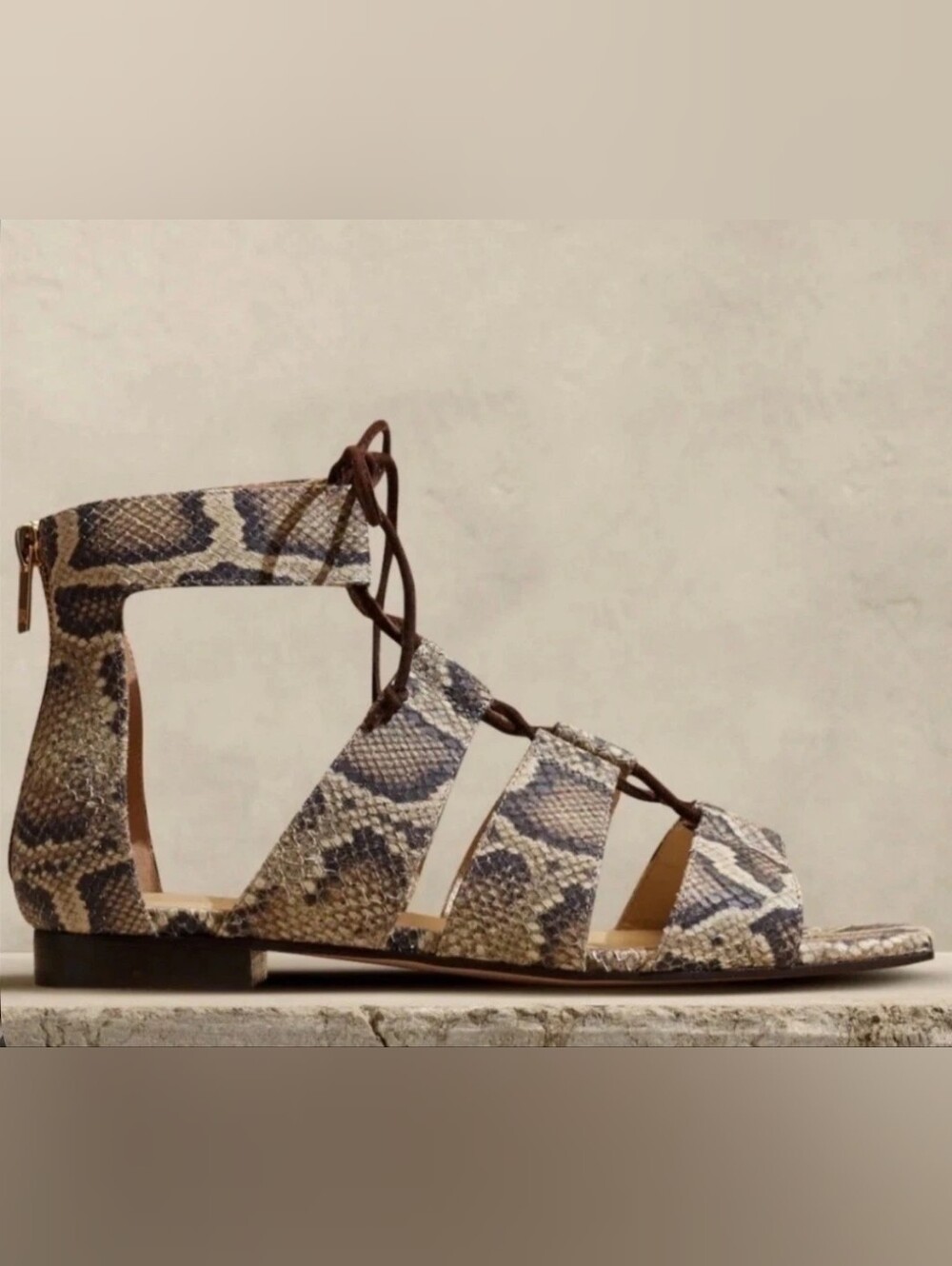 Banana Republic New Gladiator Snake Print Flat Lace Up Square Toe Leather Sandal